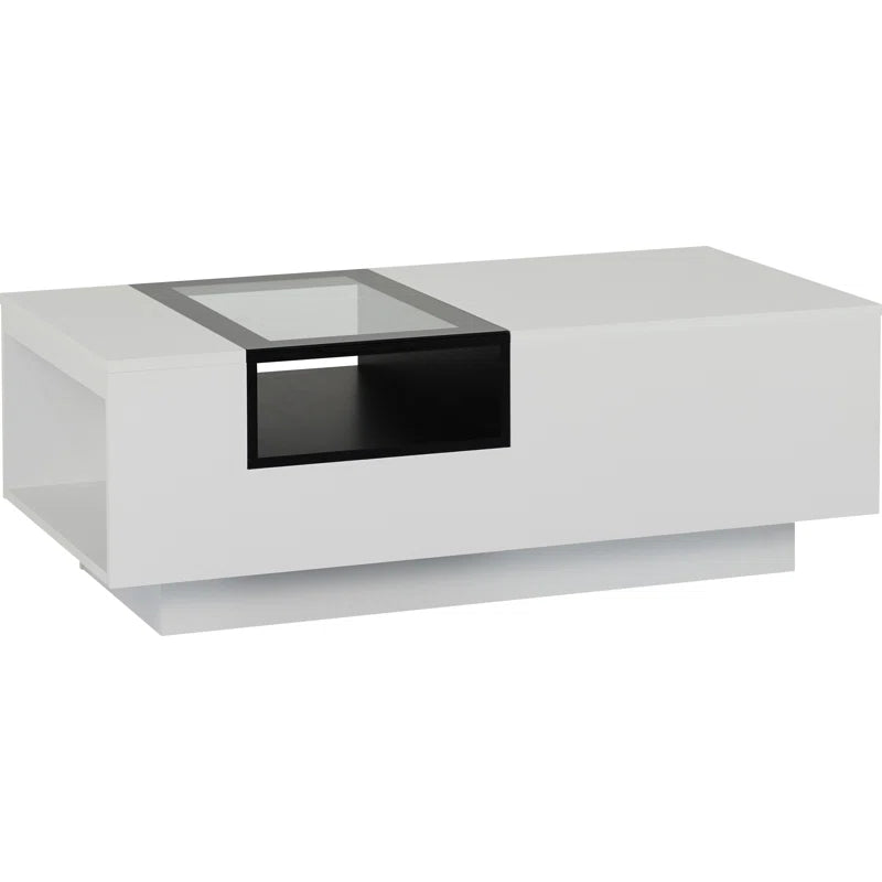 Modern Black & White Coffee Table with Glass Top and Open Shelves