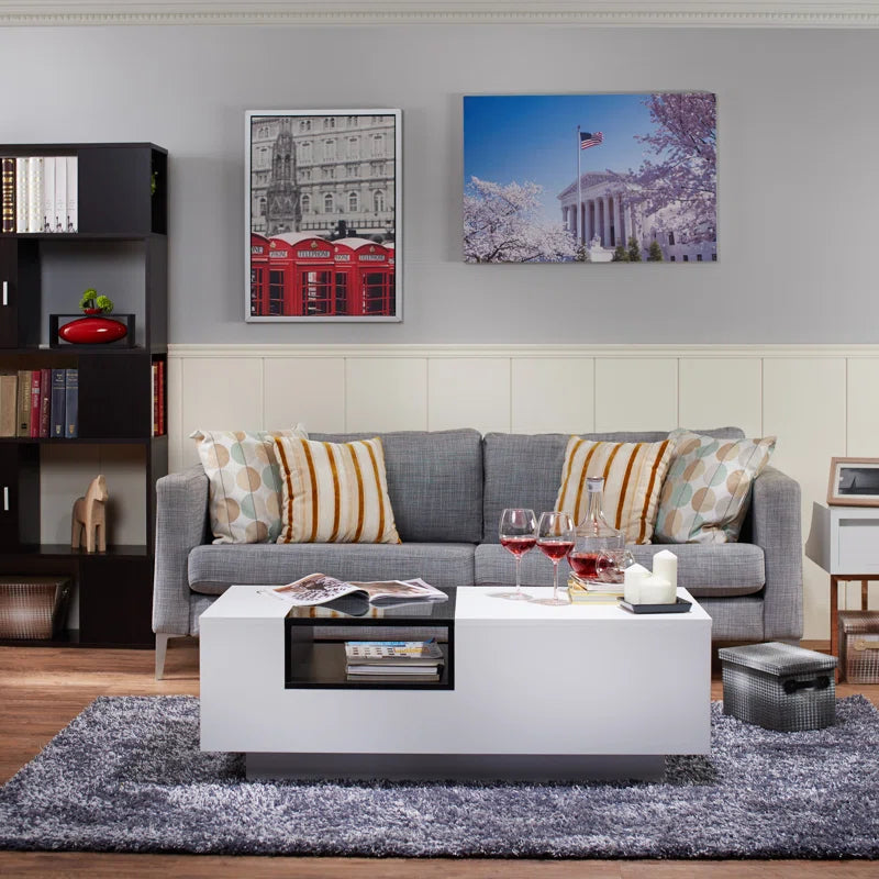 Modern Black & White Coffee Table with Glass Top and Open Shelves