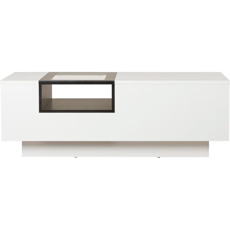 Modern Black & White Coffee Table with Glass Top and Open Shelves