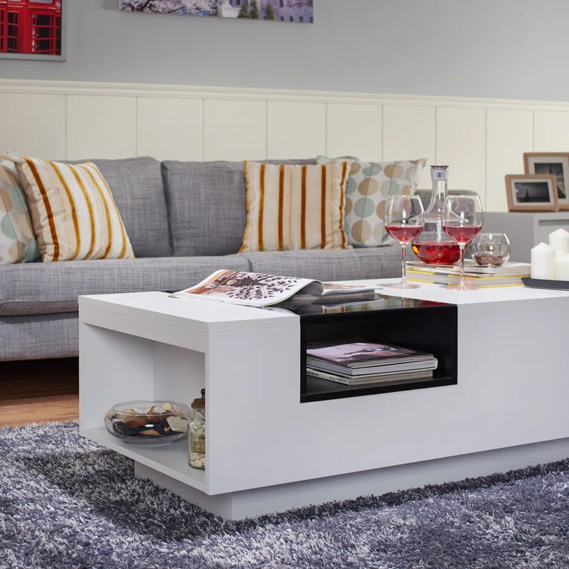 Modern Black & White Coffee Table with Glass Top and Open Shelves
