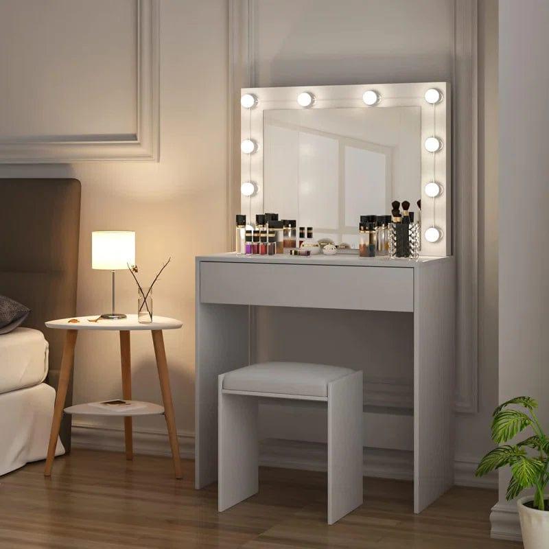 White Vanity Desk with Mirror, Makeup Vanity Desk with Drawers, Table Set for Girl, Bedroom, Storage, (White) - Ouch Cart 