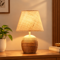 Striped Wooden Brown Lamp with White Jute Shade