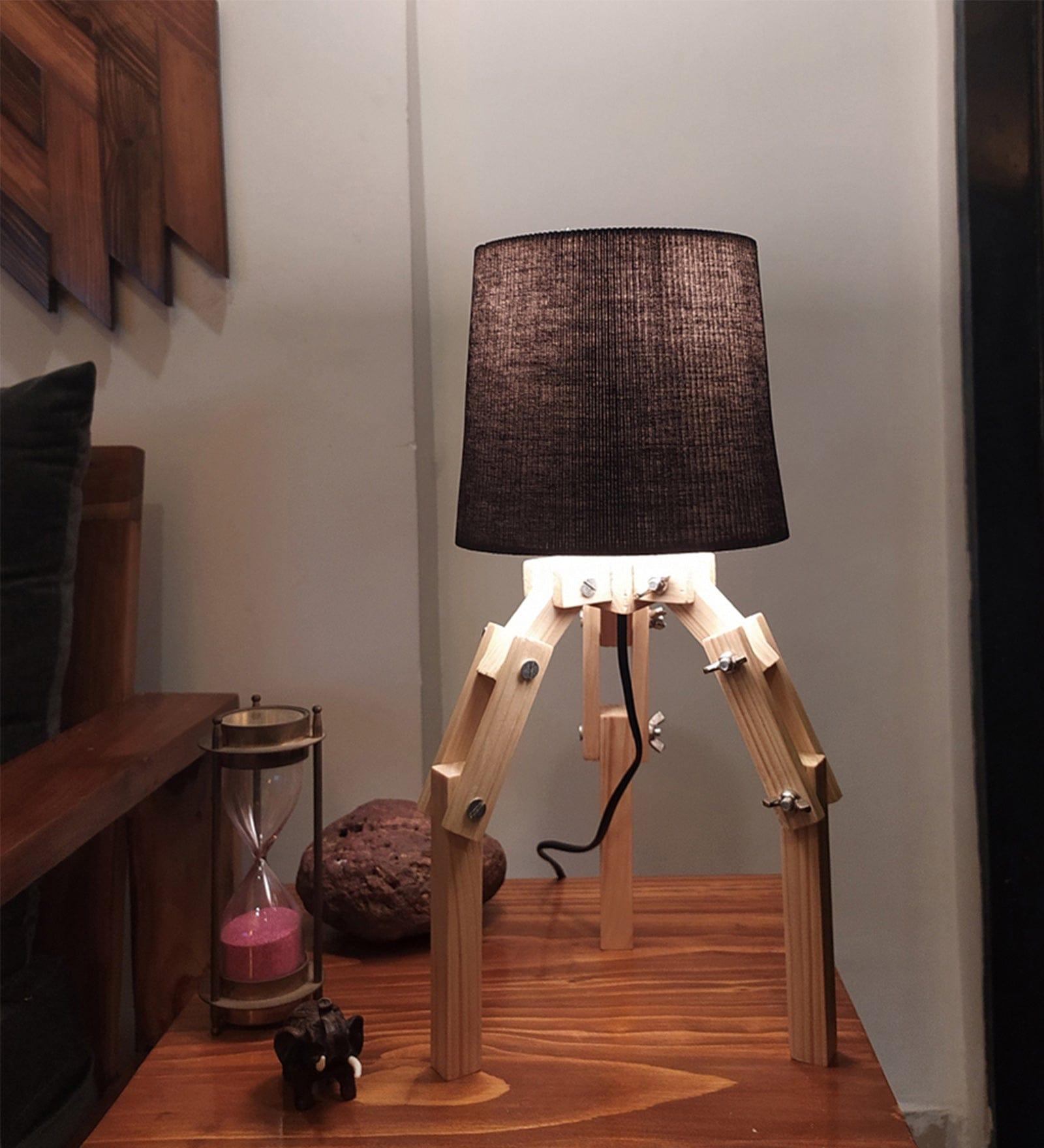 Crawler Beige Wooden Table Lamp with Black Fabric Lampshade (BULB NOT INCLUDED) - Ouch Cart 