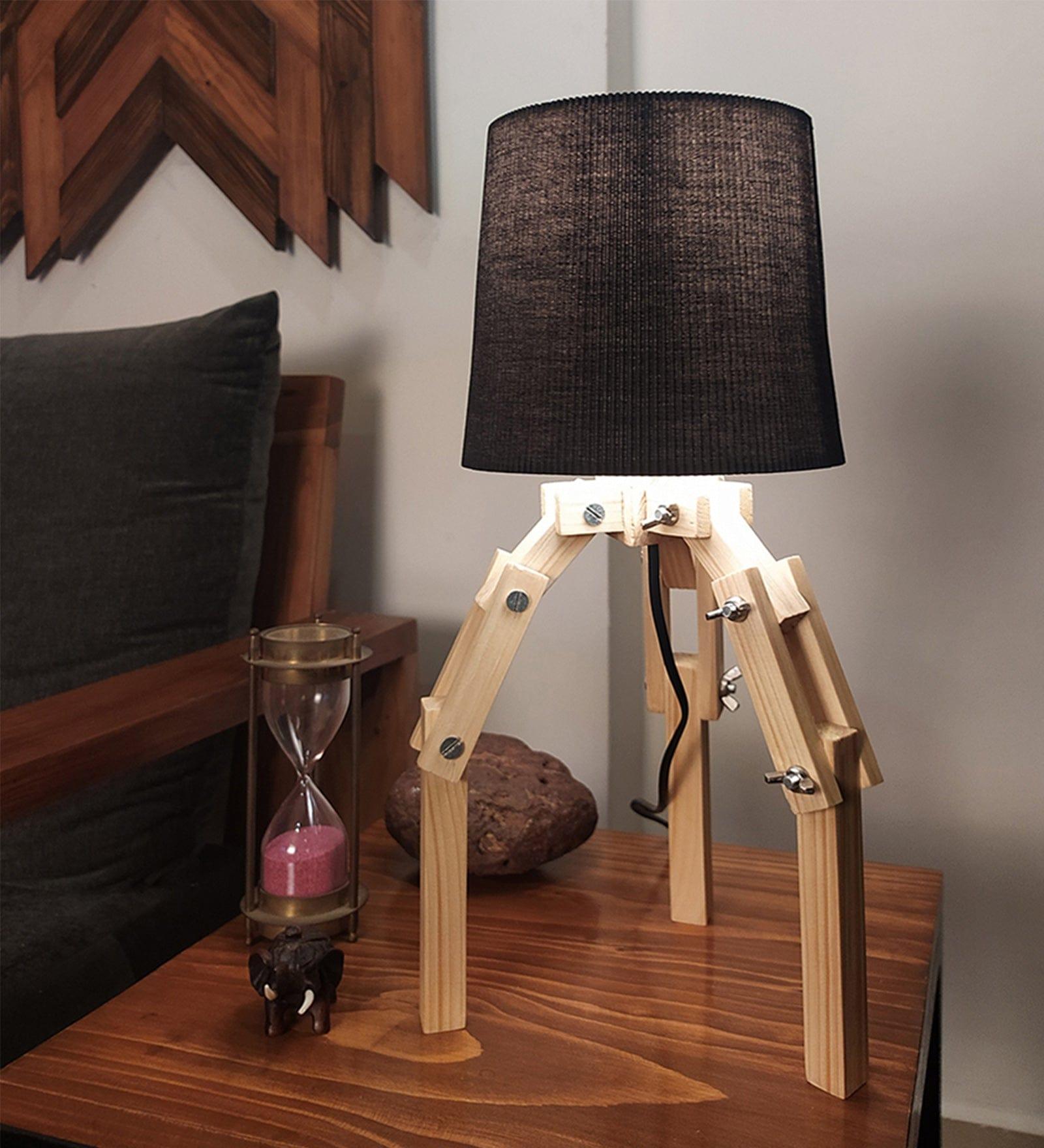 Crawler Beige Wooden Table Lamp with Black Fabric Lampshade (BULB NOT INCLUDED) - Ouch Cart 