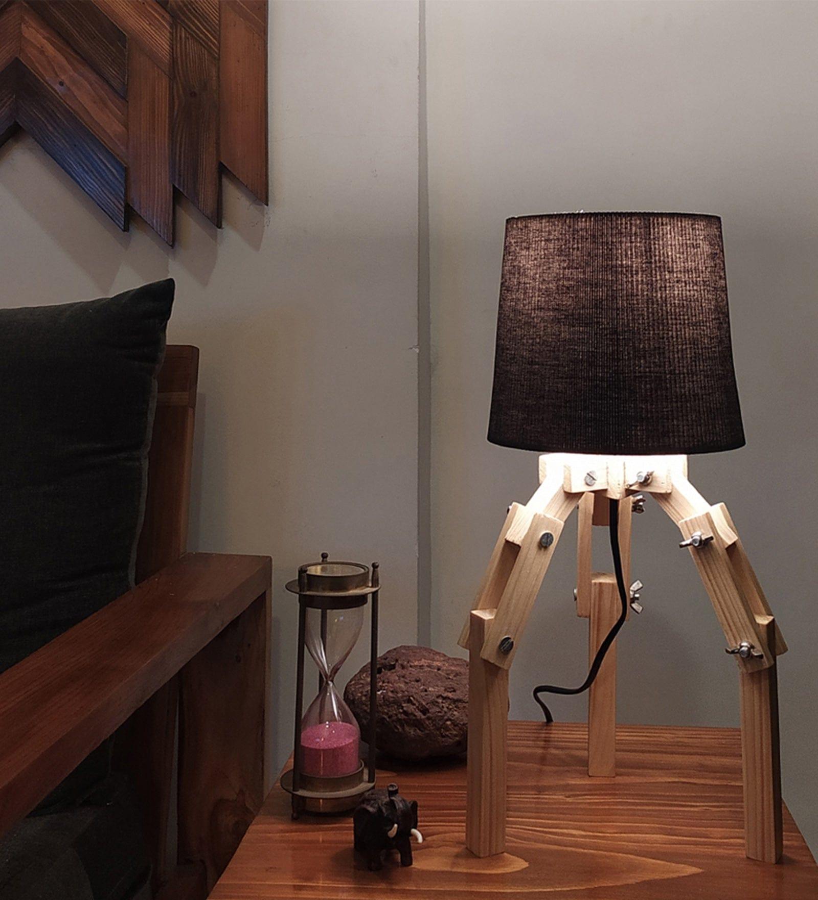 Crawler Beige Wooden Table Lamp with Black Fabric Lampshade (BULB NOT INCLUDED) - Ouch Cart 