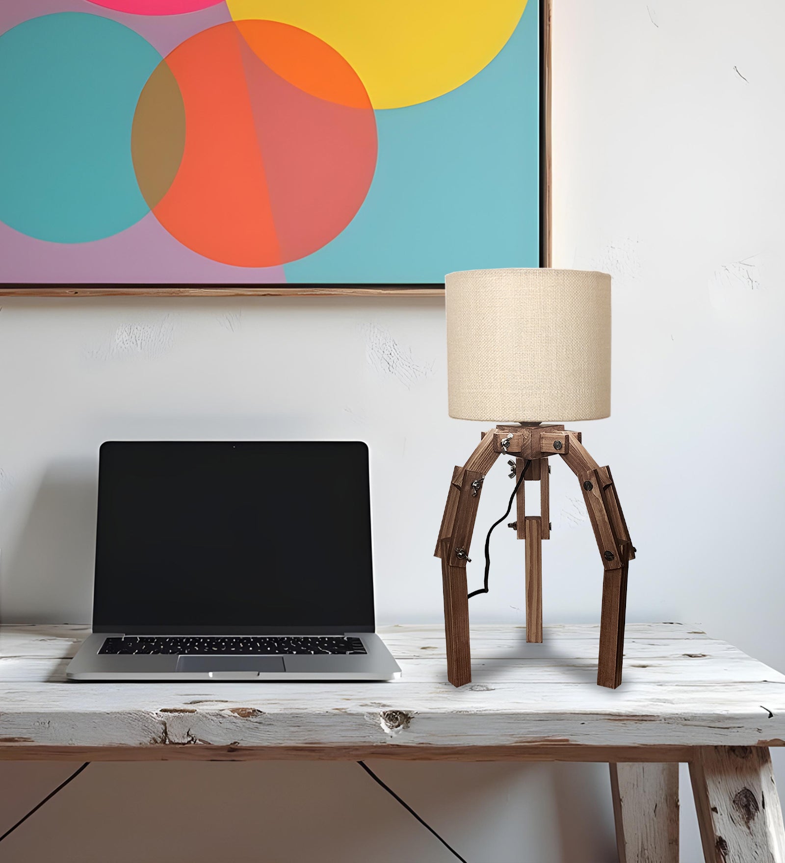 Crawler Brown Wooden Table Lamp with Yellow Printed Fabric Lampshade (BULB NOT INCLUDED)