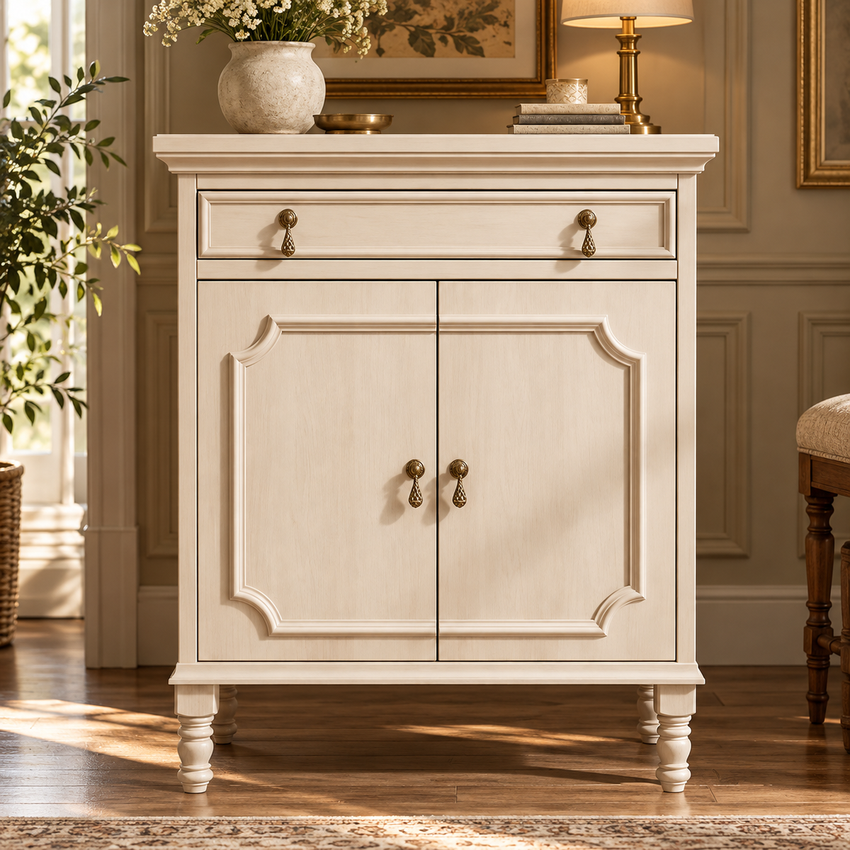 Cream Beige Wooden Sideboard Cabinet with 2 Doors & 1 Drawer  Vintage French Country Storage Furniture