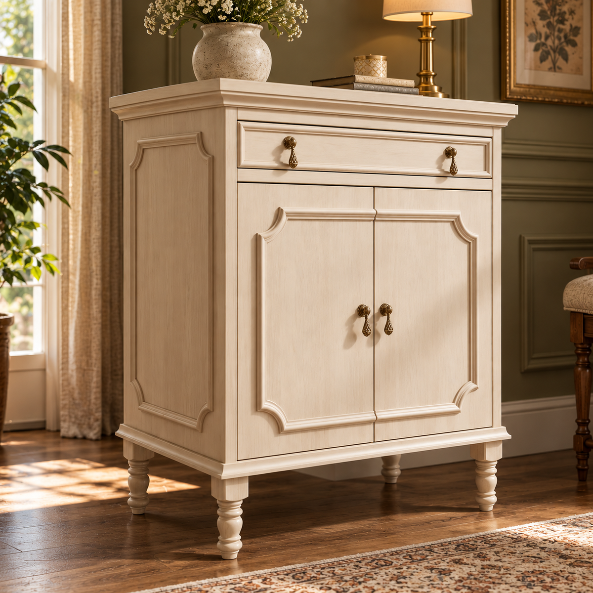 Cream Beige Wooden Sideboard Cabinet with 2 Doors & 1 Drawer  Vintage French Country Storage Furniture