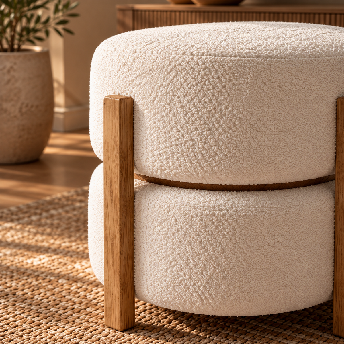 Cream Boucle Ottoman Stool with Wooden Frame, Modern Round Upholstered Pouf for Living Room, Bedroom and Dressing Area