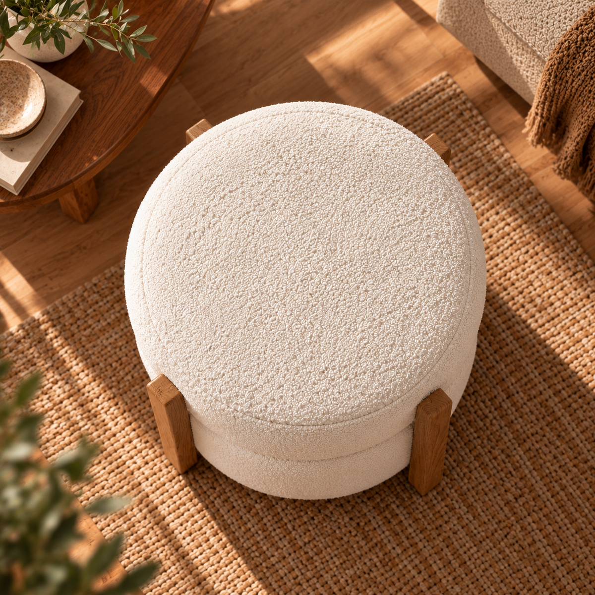 Cream Boucle Ottoman Stool with Wooden Frame, Modern Round Upholstered Pouf for Living Room, Bedroom and Dressing Area