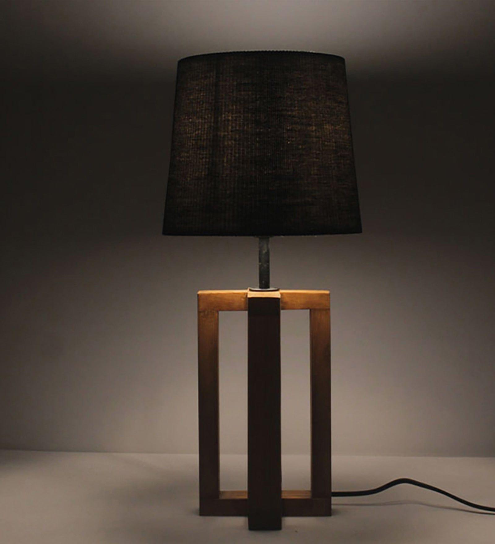 Criss Cross Brown Wooden Table Lamp with Yellow Printed Fabric Lampshade (BULB NOT INCLUDED) - Ouch Cart 