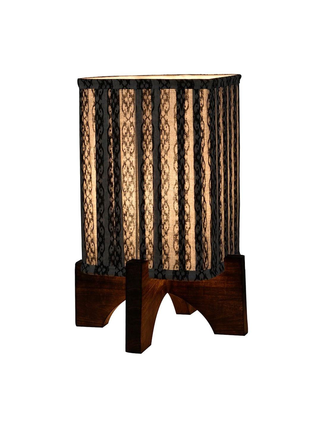 Wooden Brown Base Lamp with pleeted Grey Chainprint Soft Shade - Ouch Cart 