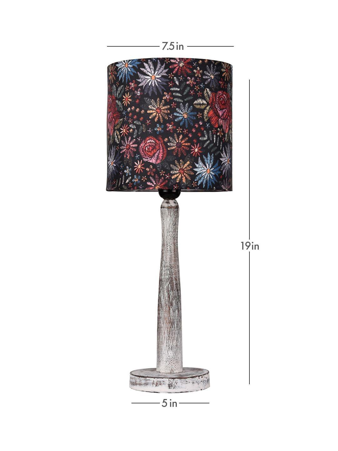 Distress White Wooden Lamp with Black Floral Stitch Shade - Ouch Cart 