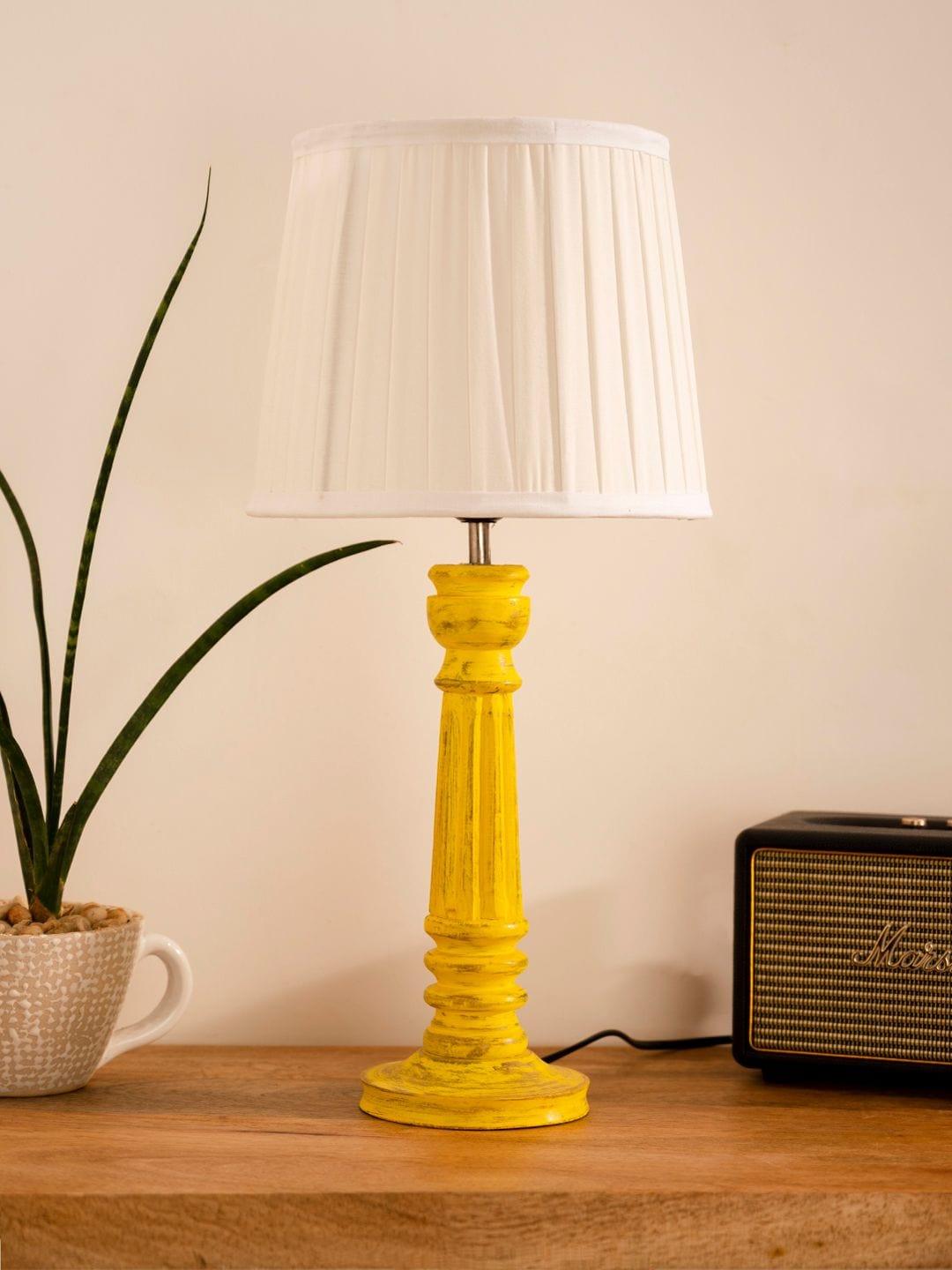 Wooden Pillar Yellow lamp with pleeted White Soft Shade - Ouch Cart 