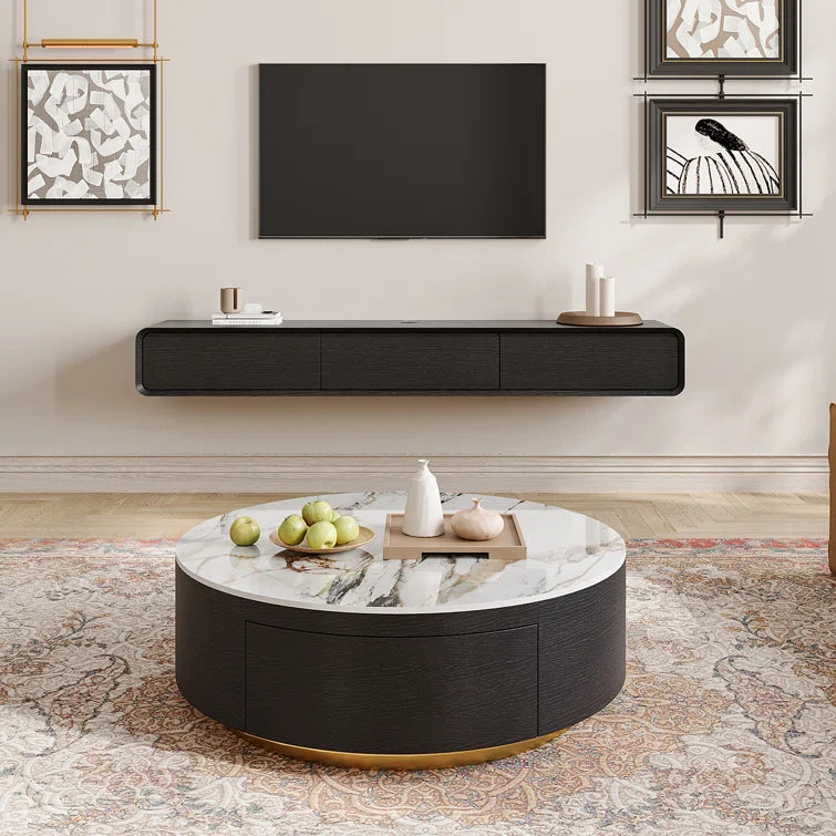 Drum Coffee Table, Sintered Stone Top, 2 Solid Wood Drawers, Fully-Assembled