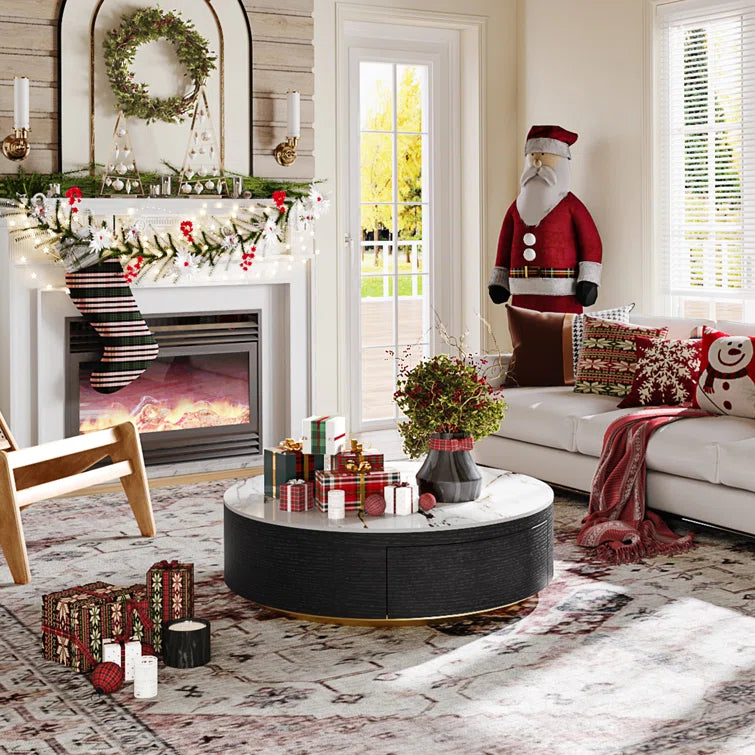 Drum Coffee Table, Sintered Stone Top, 2 Solid Wood Drawers, Fully-Assembled