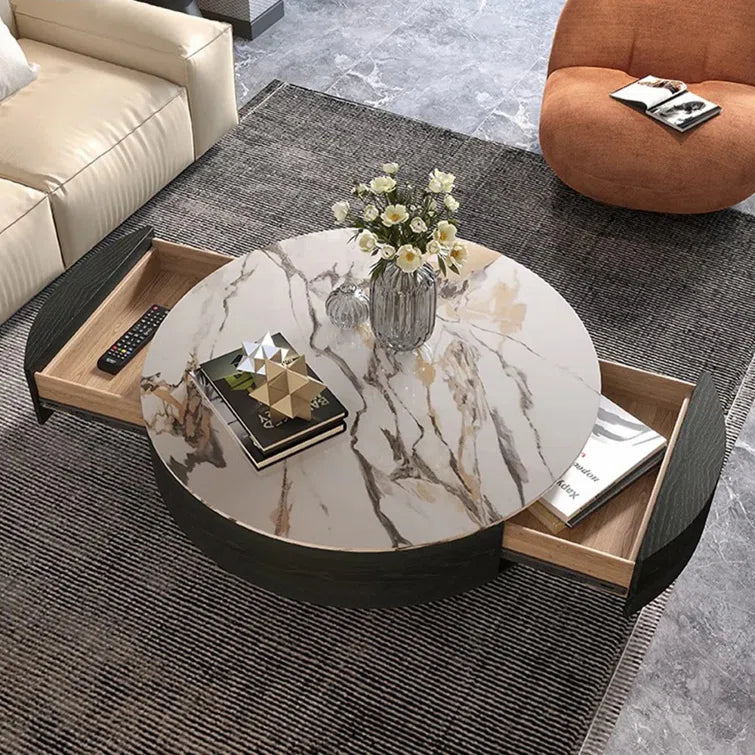 Drum Coffee Table, Sintered Stone Top, 2 Solid Wood Drawers, Fully-Assembled