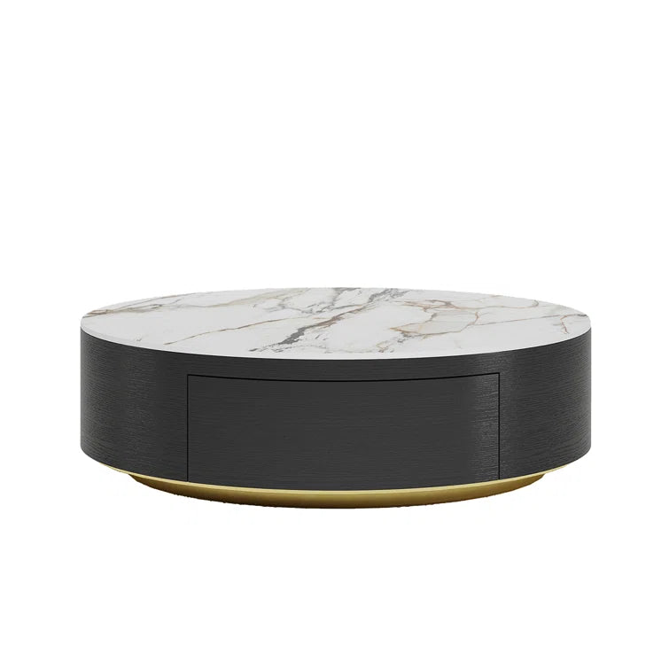 Drum Coffee Table, Sintered Stone Top, 2 Solid Wood Drawers, Fully-Assembled