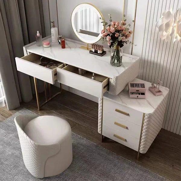 ISAK Wide Vanity with Mirror Vanity | Wooden dressing table design with stool |Vanity Table | Retractable Makeup with LED Mirror and 5 Spacious Drawers | Vanity Desk with Cabinet | Dressing Table for Bedroom Essential - Ouch Cart 