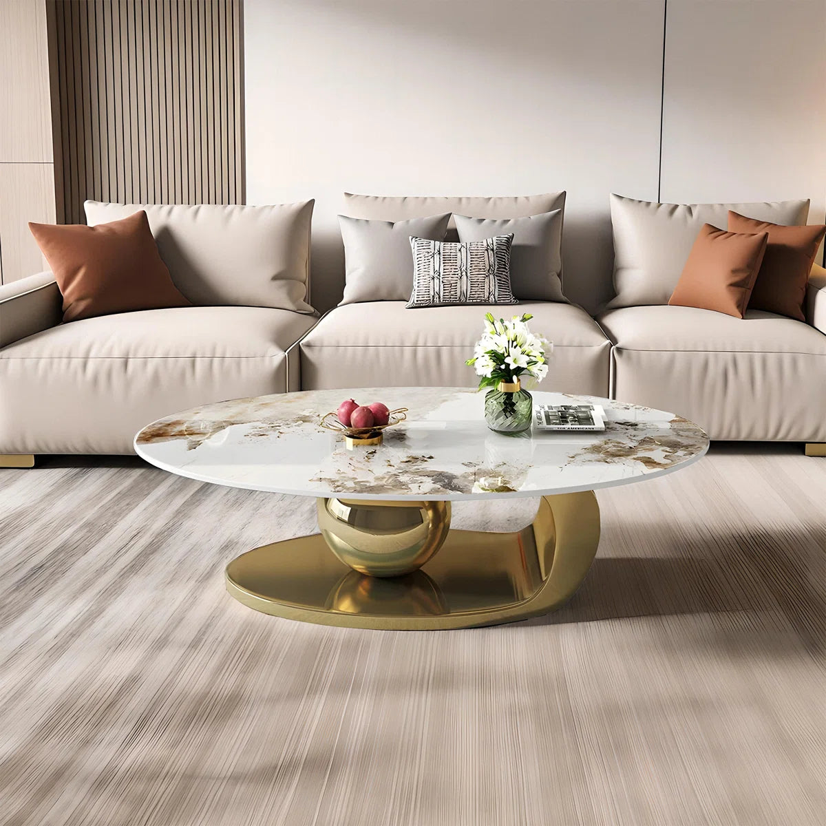 Modern Rock Slab Coffee Table with Gold Base & 2-Tier Storage Shelf
