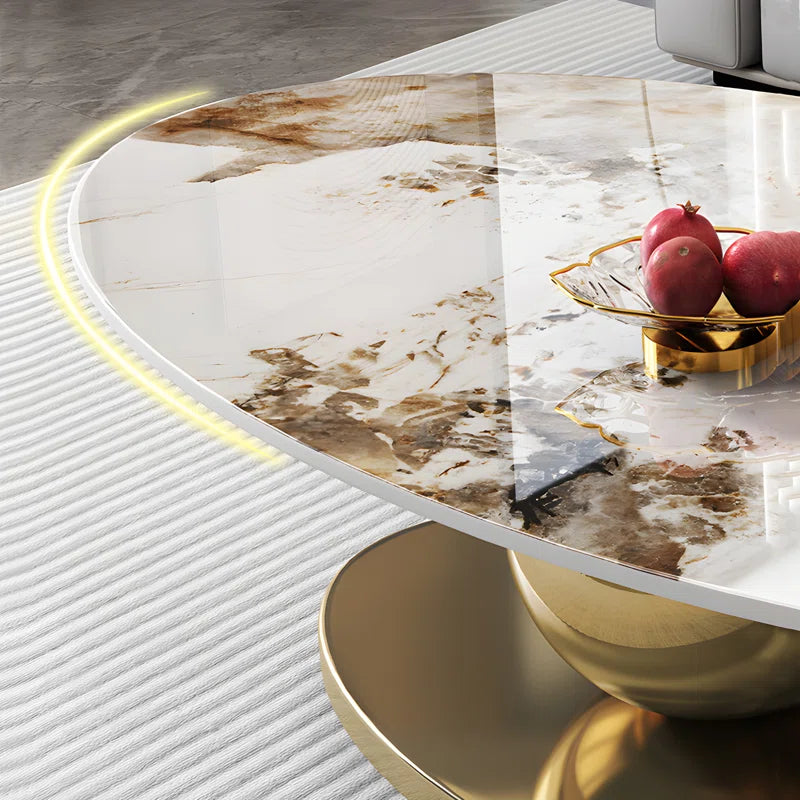 Modern Rock Slab Coffee Table with Gold Base & 2-Tier Storage Shelf