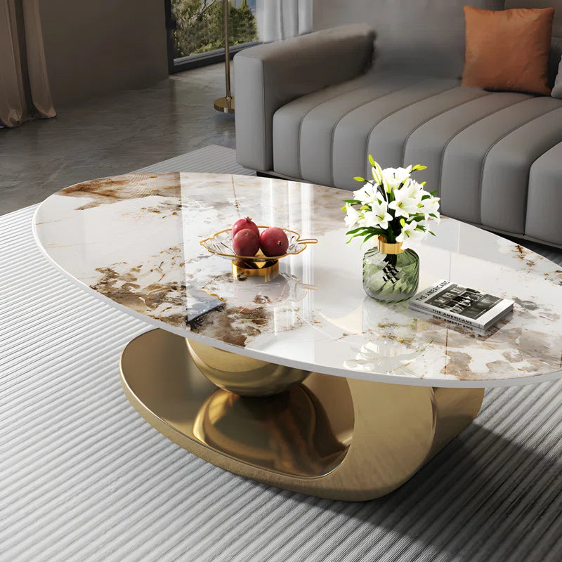 Modern Rock Slab Coffee Table with Gold Base & 2-Tier Storage Shelf