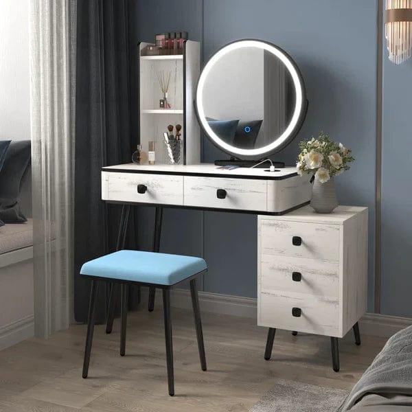 Jade Vanity dressing table design with light mirror with stool | Cosmetic Dressing Table with Makeup Stool Vanity Bedroom Dressers 5 Drawers Bedside Table for Ample Storage - Ouch Cart 