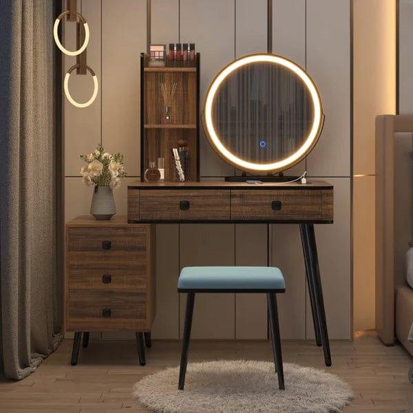 Jade Vanity dressing table design with light mirror with stool | Cosmetic Dressing Table with Makeup Stool Vanity Bedroom Dressers 5 Drawers Bedside Table for Ample Storage - Ouch Cart 