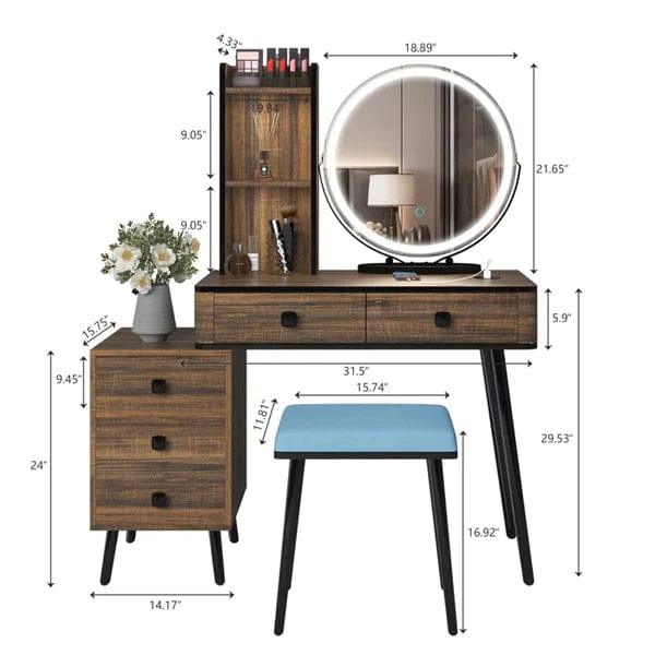 Jade Vanity dressing table design with light mirror with stool | Cosmetic Dressing Table with Makeup Stool Vanity Bedroom Dressers 5 Drawers Bedside Table for Ample Storage - Ouch Cart 