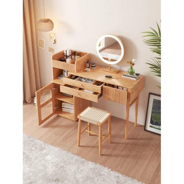 Elin Vanity dressing table design wood with LED mirror with stool, Vanity Desk, Makeup Vanity Table with Mirror, Dressing Table with 3 Drawers, Modern Wood Bedroom Vanity Vintage Dressing Table for Women Girls - Ouch Cart 