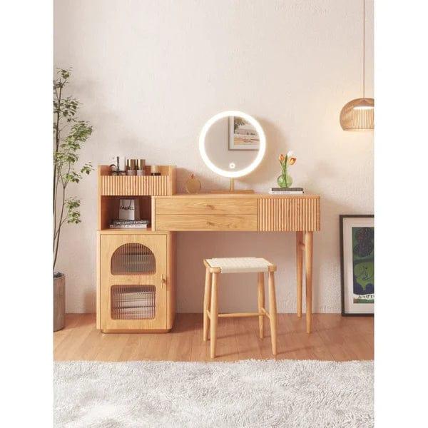 Elin Vanity dressing table design wood with LED mirror with stool, Vanity Desk, Makeup Vanity Table with Mirror, Dressing Table with 3 Drawers, Modern Wood Bedroom Vanity Vintage Dressing Table for Women Girls - Ouch Cart 