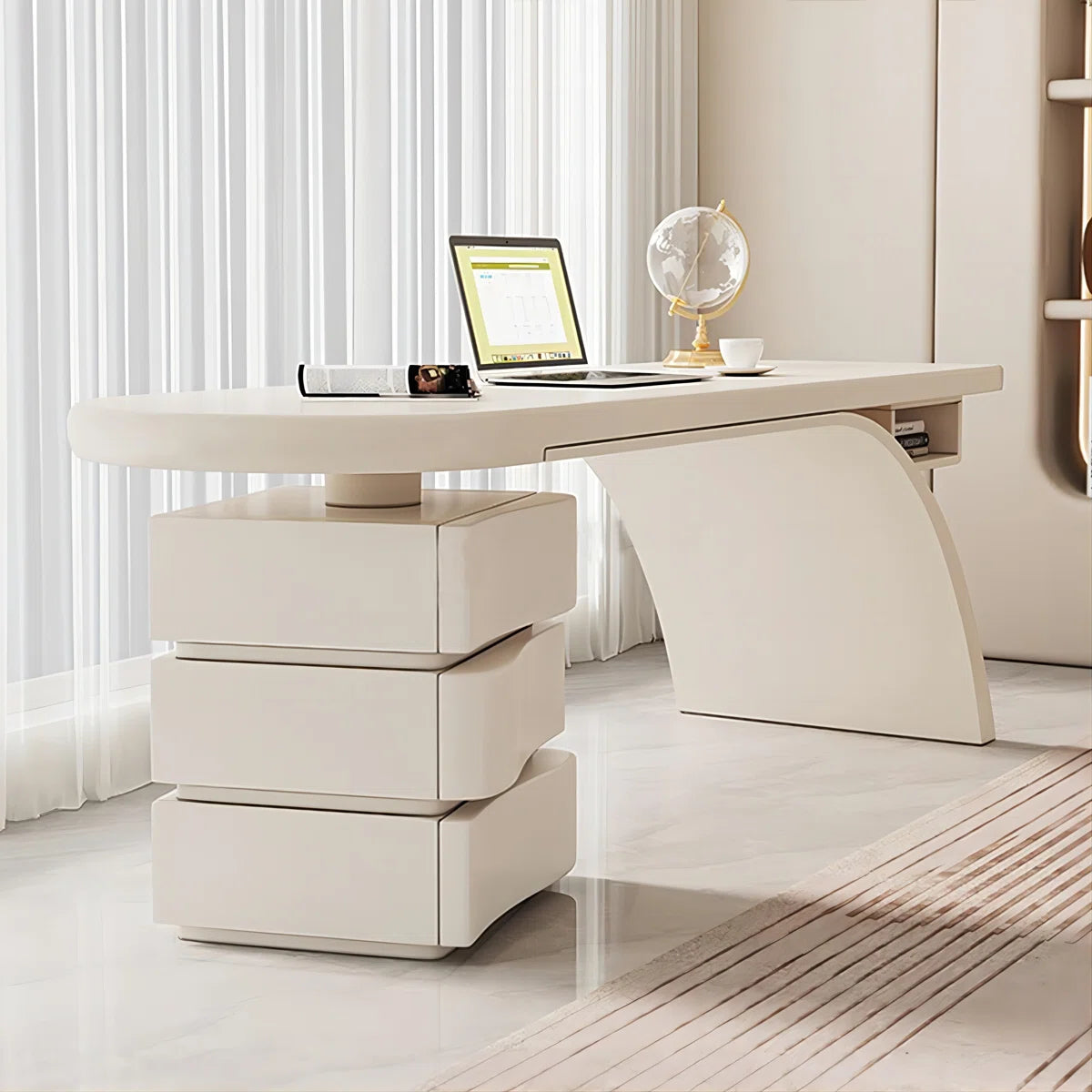 Modern Cream Writing Desk with Drawer & Shelf, Glossy Piano Lacquer Finish and Spacious Storage