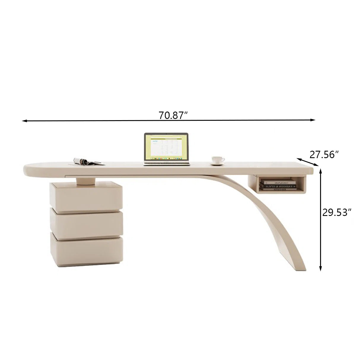 Modern Cream Writing Desk with Drawer & Shelf, Glossy Piano Lacquer Finish and Spacious Storage
