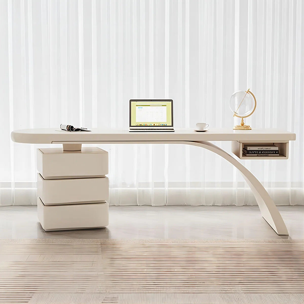 Modern Cream Writing Desk with Drawer & Shelf, Glossy Piano Lacquer Finish and Spacious Storage