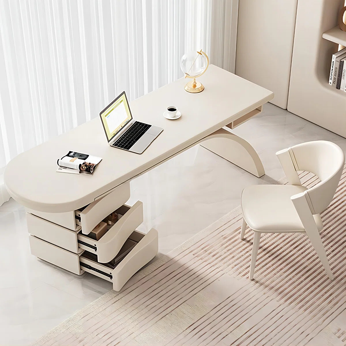 Modern Cream Writing Desk with Drawer & Shelf, Glossy Piano Lacquer Finish and Spacious Storage