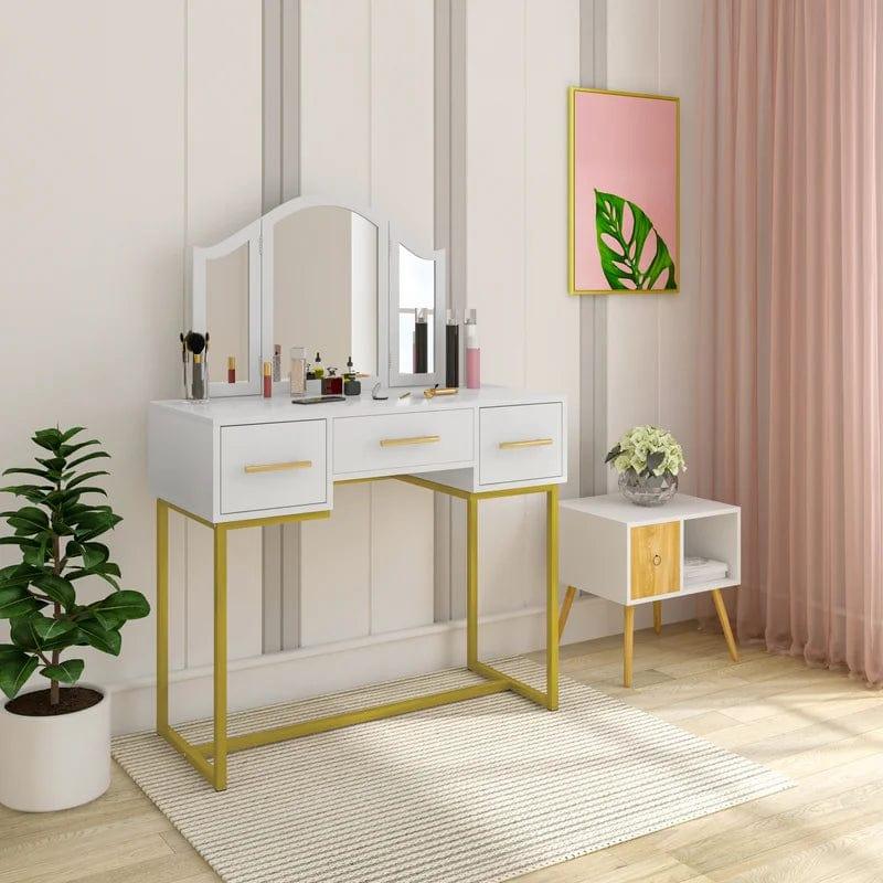 Vanity Desk, Makeup Vanity Desk with Mirror, Makeup Table and 3 Drawers, White - Ouch Cart 