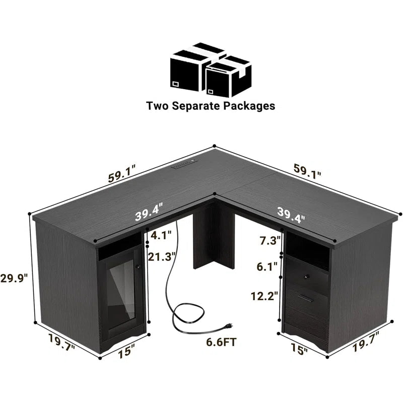 60'' L-Shaped Executive Desk with Drawer and Power Outlet