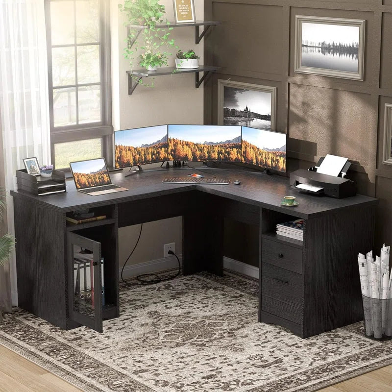 60'' L-Shaped Executive Desk with Drawer and Power Outlet