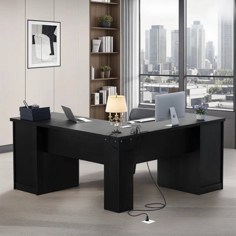 60'' L-Shaped Executive Desk with Drawer and Power Outlet