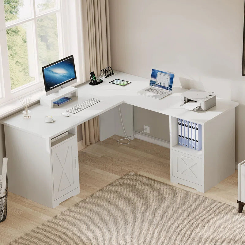 59" L Shaped Desk with Power Outlets & File Drawer