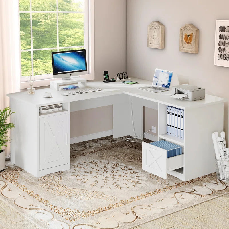 59" L Shaped Desk with Power Outlets & File Drawer
