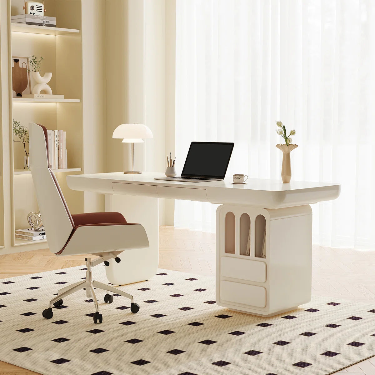 Modern Executive Desk with Reversible Storage Cabinet & Drawer | Off-White Home Office Computer Table