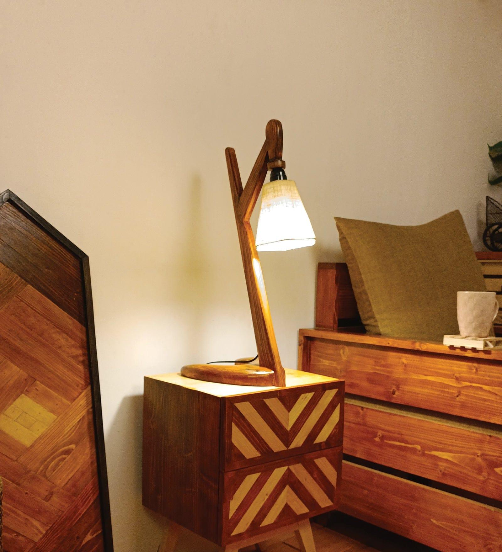 Druid Brown Wooden Table Lamp with White Jute Lampshade (BULB NOT INCLUDED) - Ouch Cart 