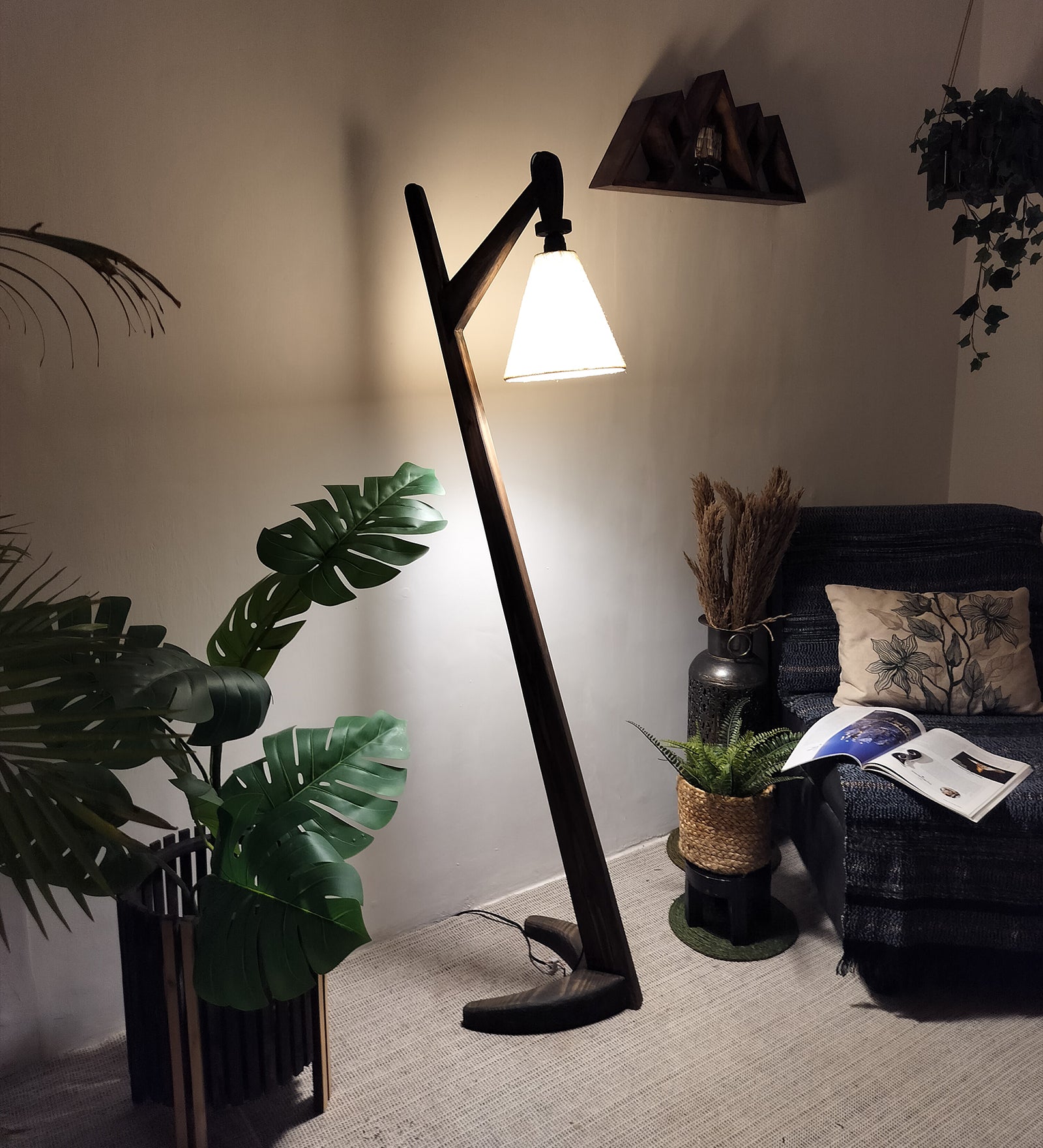 Druid Wooden Floor Lamp with Brown Base and Jute Fabric Lampshade (BULB NOT INCLUDED)