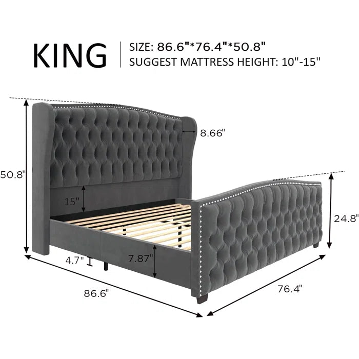 Deep Button Tufted Upholstered Bed with Nailhead Trim Wingback Headboard