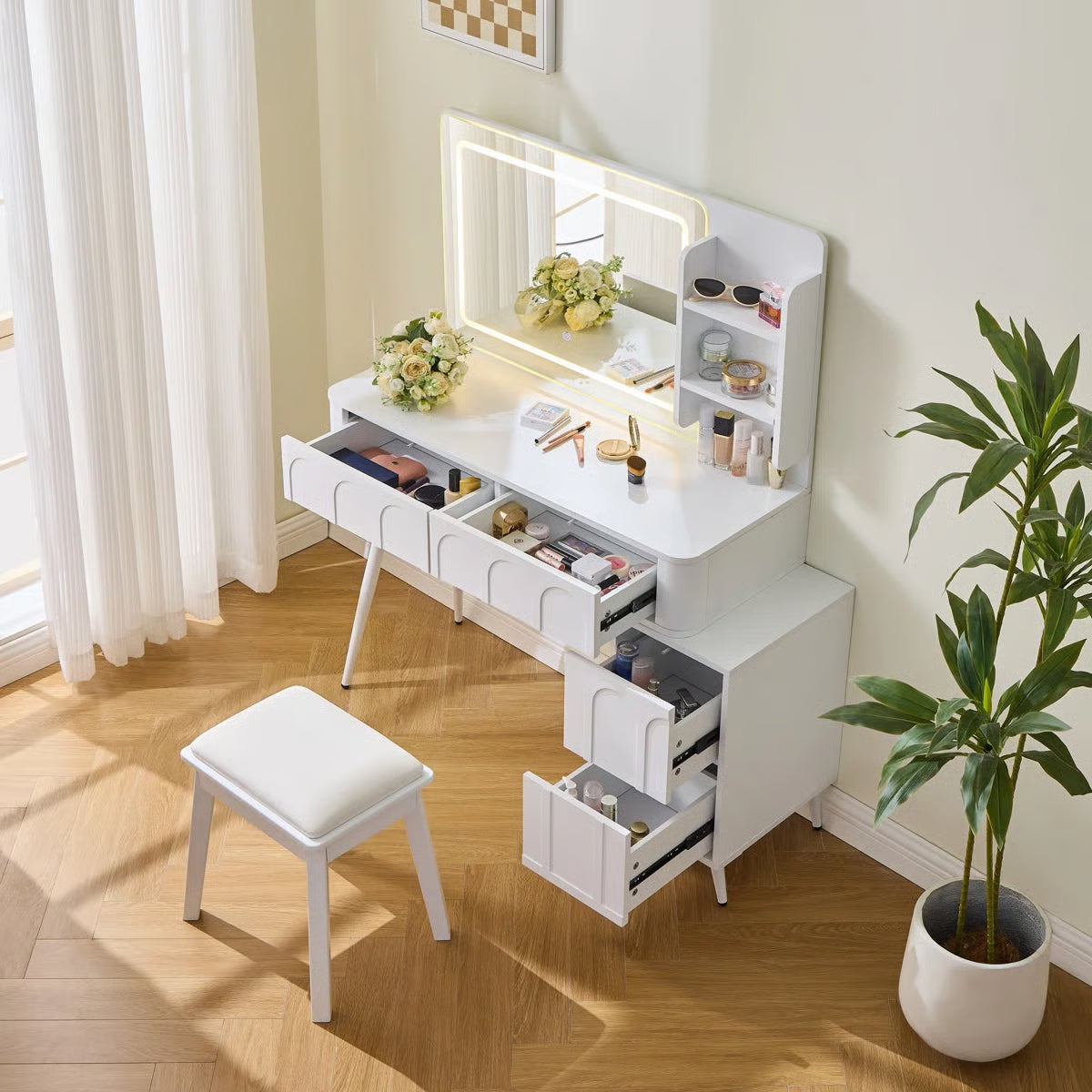 Dufault 45.5'' Modern Makeup Vanity Set With Mirror And Stool
