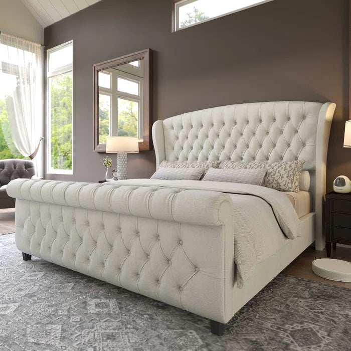 Velvet Sleigh Bed with Scroll Wingback Headboard – A Luxurious Touch for Your Bedroom
