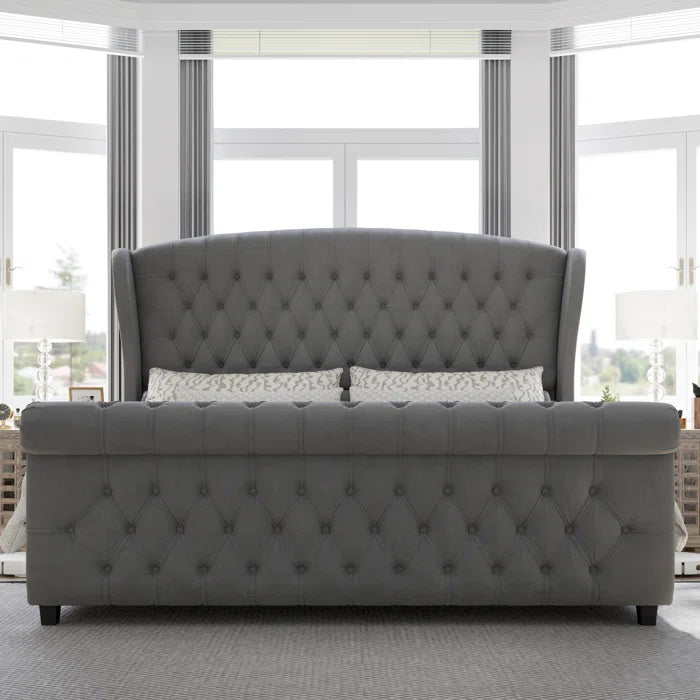 Velvet Sleigh Bed with Scroll Wingback Headboard – A Luxurious Touch for Your Bedroom