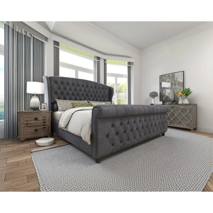 Velvet Sleigh Bed with Scroll Wingback Headboard – A Luxurious Touch for Your Bedroom