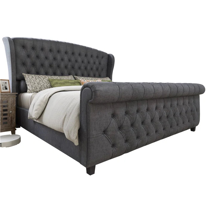 Velvet Sleigh Bed with Scroll Wingback Headboard – A Luxurious Touch for Your Bedroom